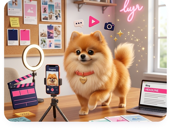 Chloe the Pomeranian beside a content and CRM dashboard