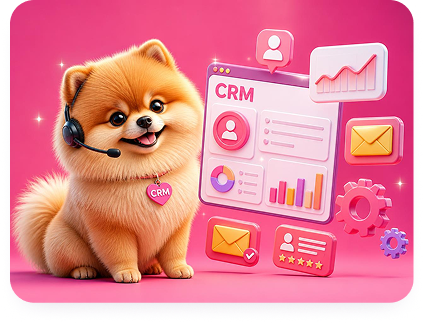 Chloe the Pomeranian beside a content and CRM dashboard